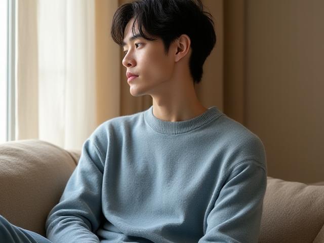 肌触りの良い高級ニットウェア、男性モデル着用